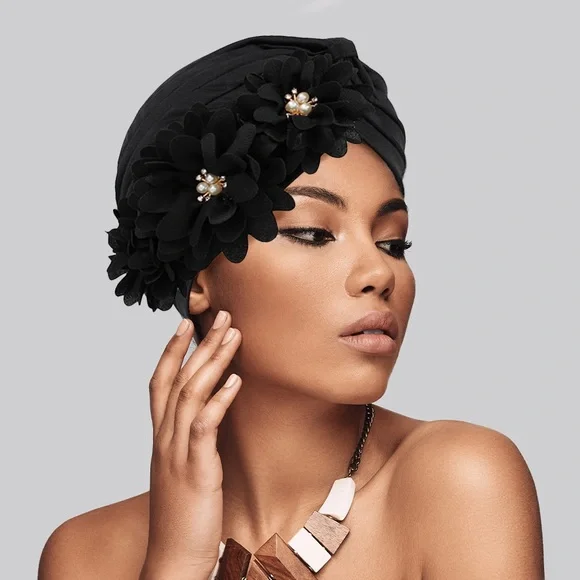 Black Flower Pearl Accented Turban Hat - Picture 1 of 2